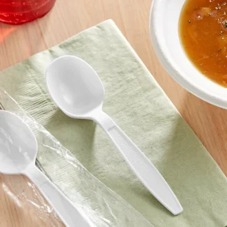 HEAVY WEIGHT WHITE PLASTIC SOUP SPOON INDIVIDUALLY WRAPPED